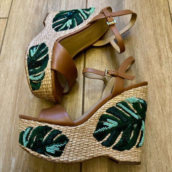 MICHAEL Michael Kors Shoes - Michael Kors Fisher Palm Embroidered Beaded Wedge Espadrilles Wedges Sz 7.5